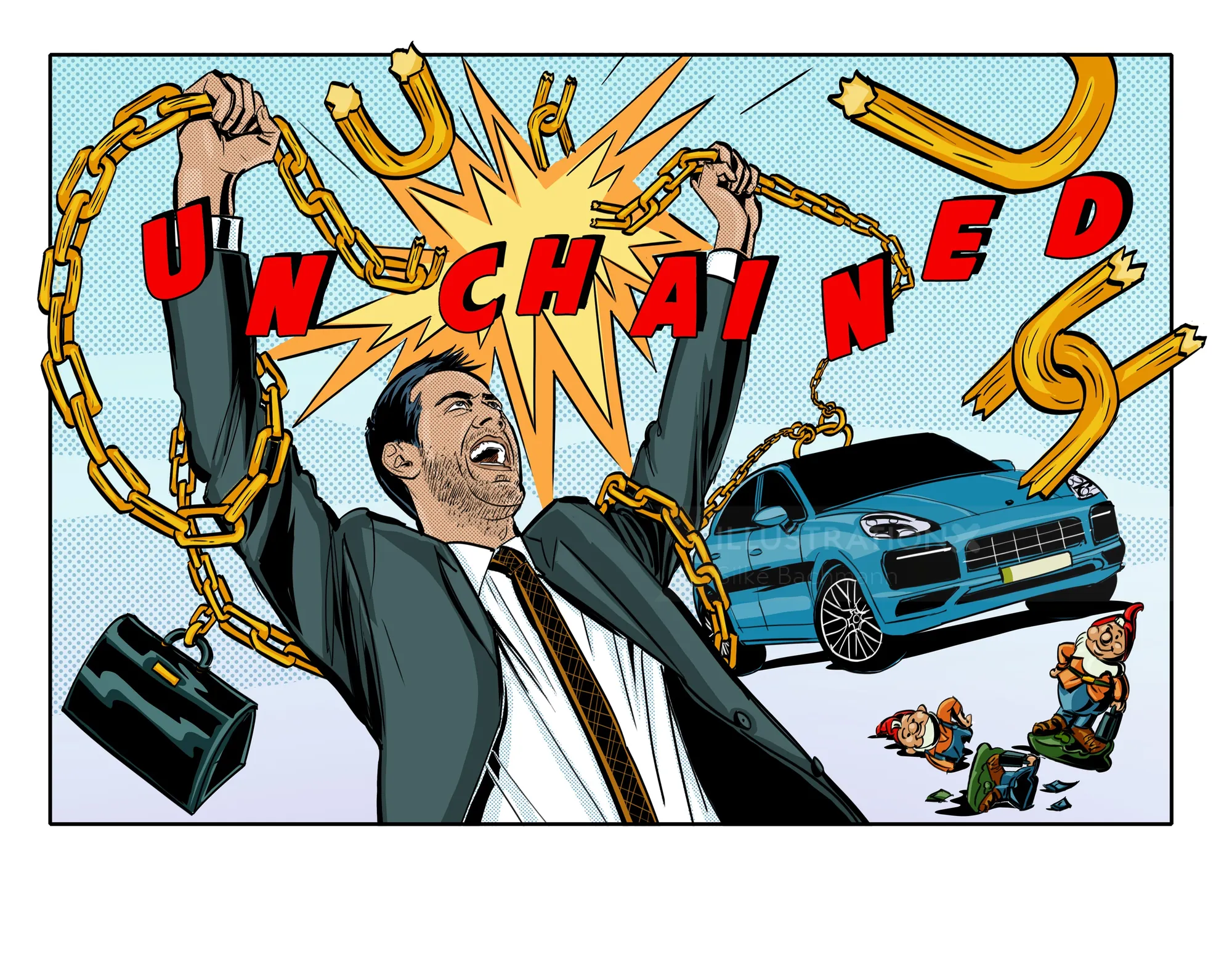 Silke Bachmann illustration of a man breaking chains beside a blue car