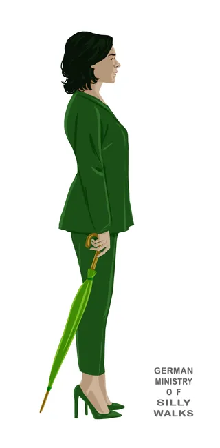 Profile of a woman in a green suit holding an umbrella by Silke Bachmann