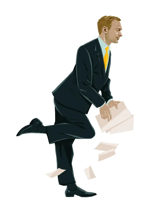 Mann im schwarzen Anzug lässt Papiere fallen, Illustration von Silke Bachmann