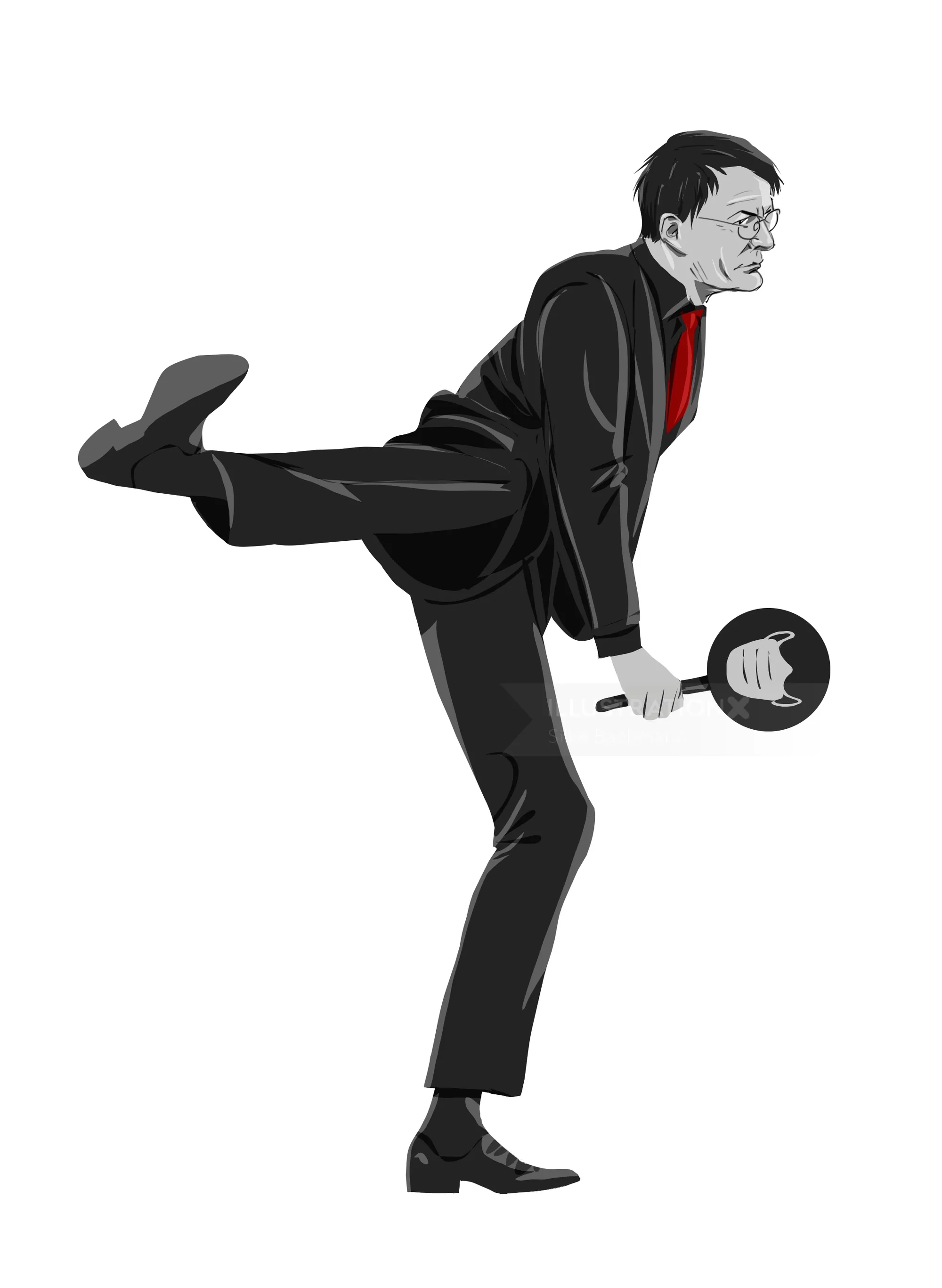 Illustration of man balancing on one leg holding frying pan by Silke Bachmann