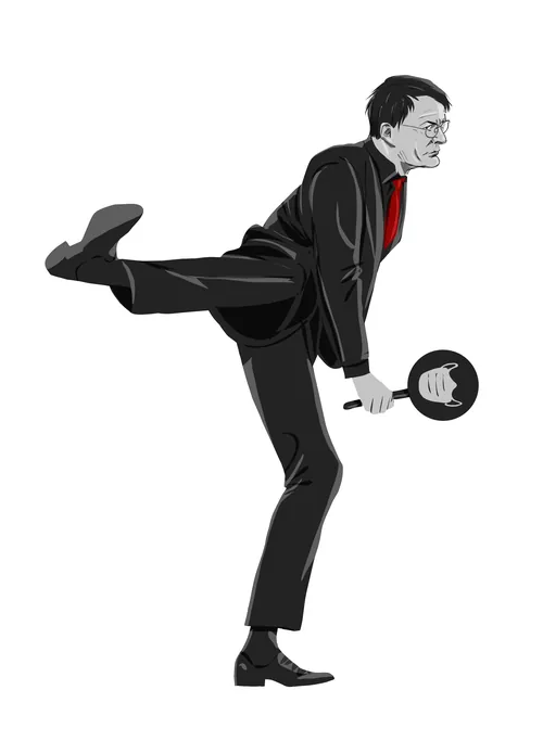Illustration eines Mannes, der auf einem Bein balanciert und eine Bratpfanne hält, von Silke Bachmann