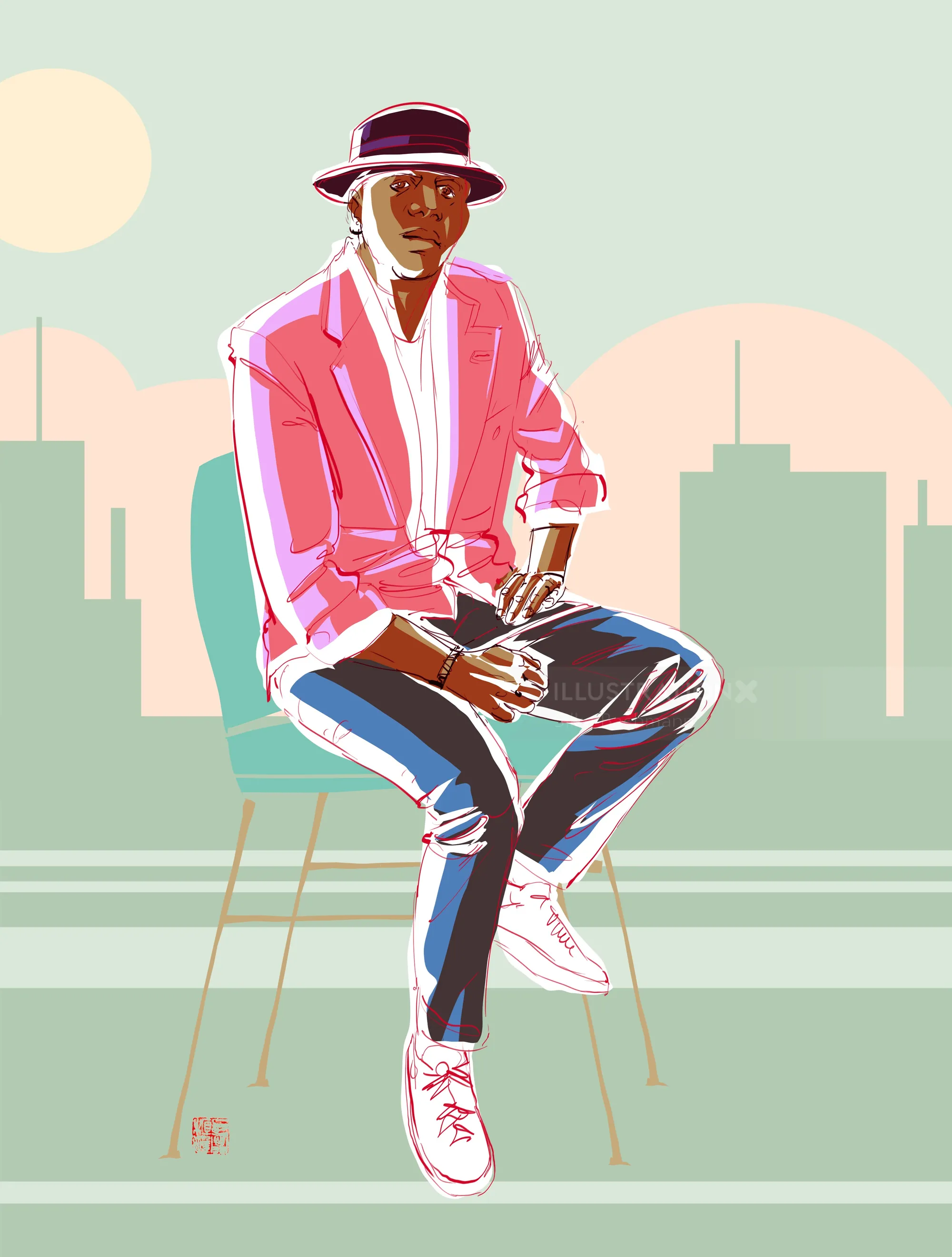 Illustration of a man in a pink jacket and hat sitting on a stool by Silke Bachmann