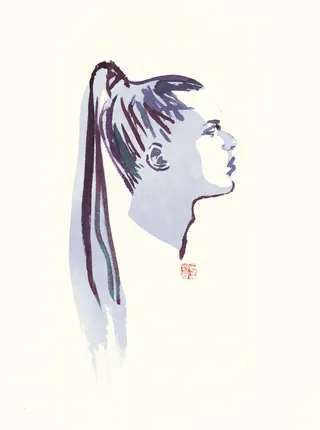 Profile portrait of a woman with ponytail in cool toned minimalist style by Silke Bachmann