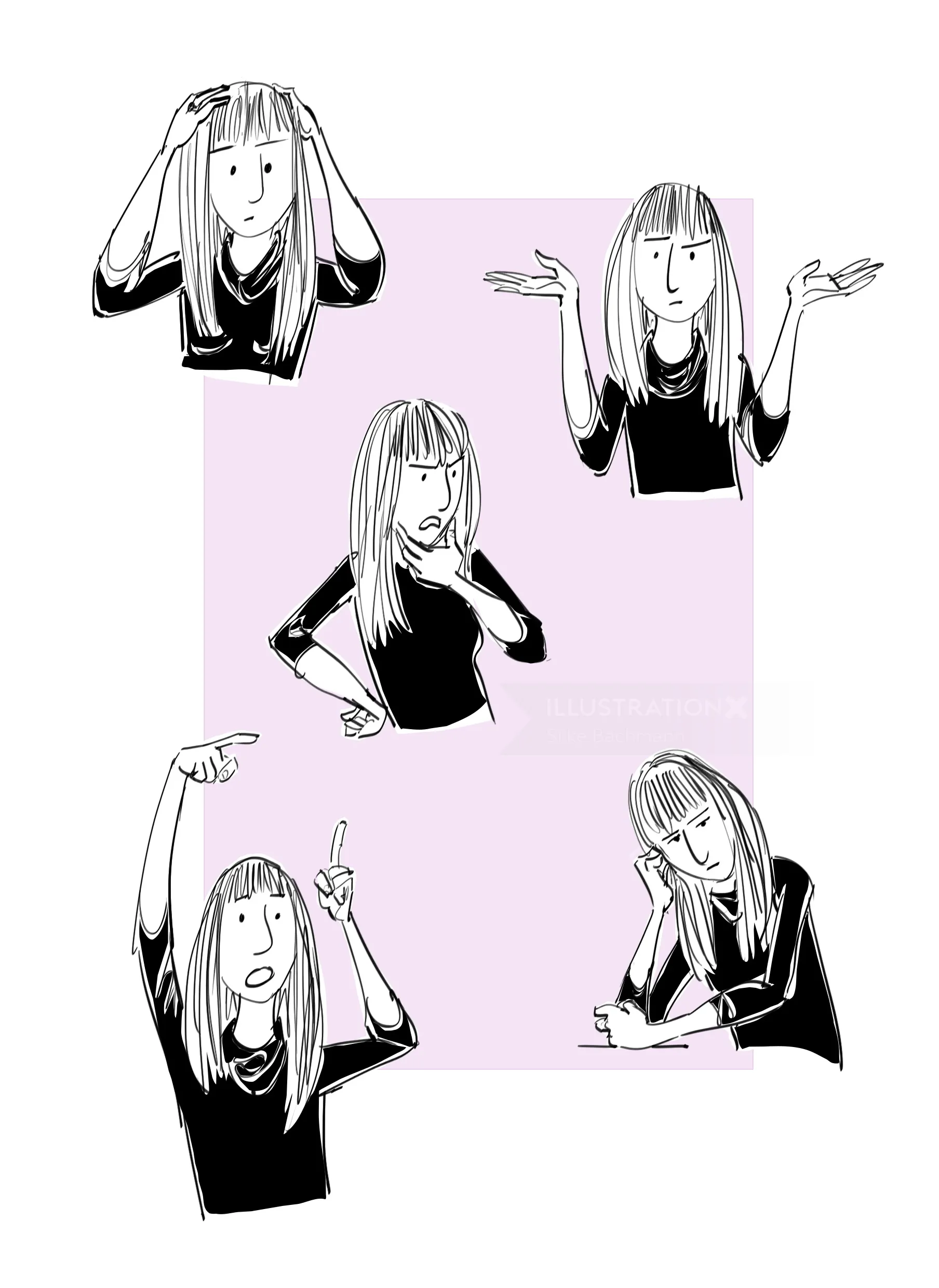 Illustration of woman showing five different expressive gestures by Silke Bachmann
