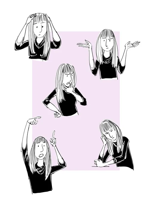 Illustration einer Frau, die fünf verschiedene ausdrucksstarke Gesten zeigt, von Silke Bachmann