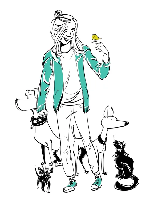 Illustration einer Frau mit vier Hunden und einem Vogel von Silke Bachmann