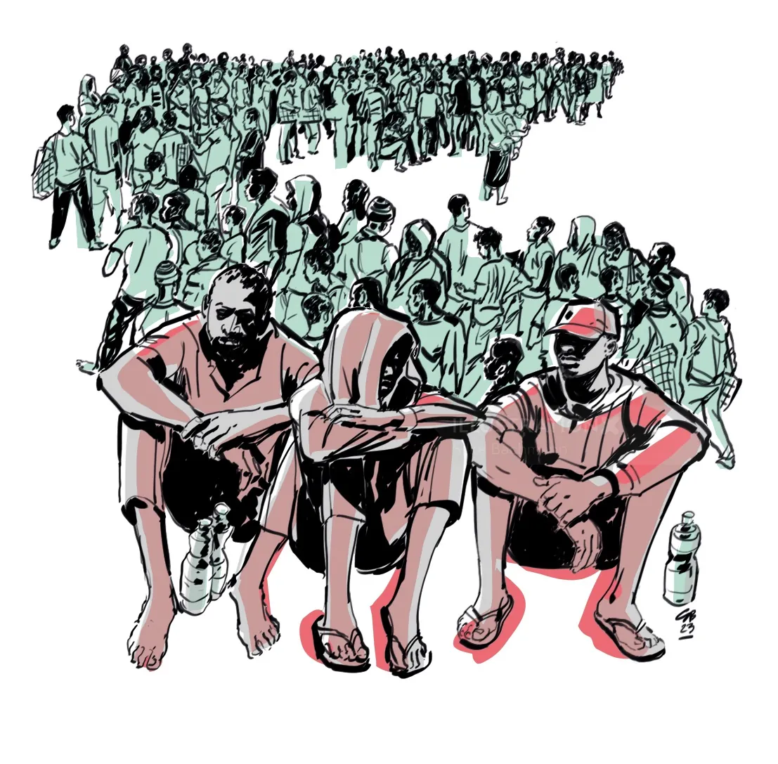 Three men sitting in front of a large crowd, sketch style illustration.