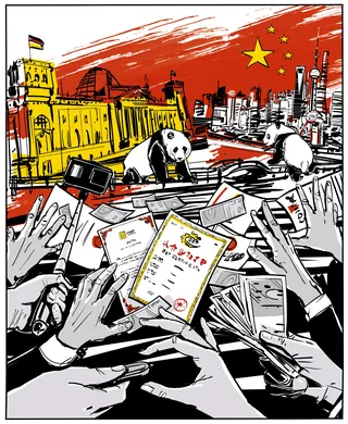 Hands reaching for Chinese passports with pandas and city skyline in background.