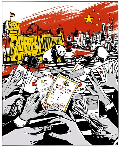 Hände, die nach chinesischen Pässen greifen; im Hintergrund sind Pandas und die Skyline einer Stadt zu sehen.
