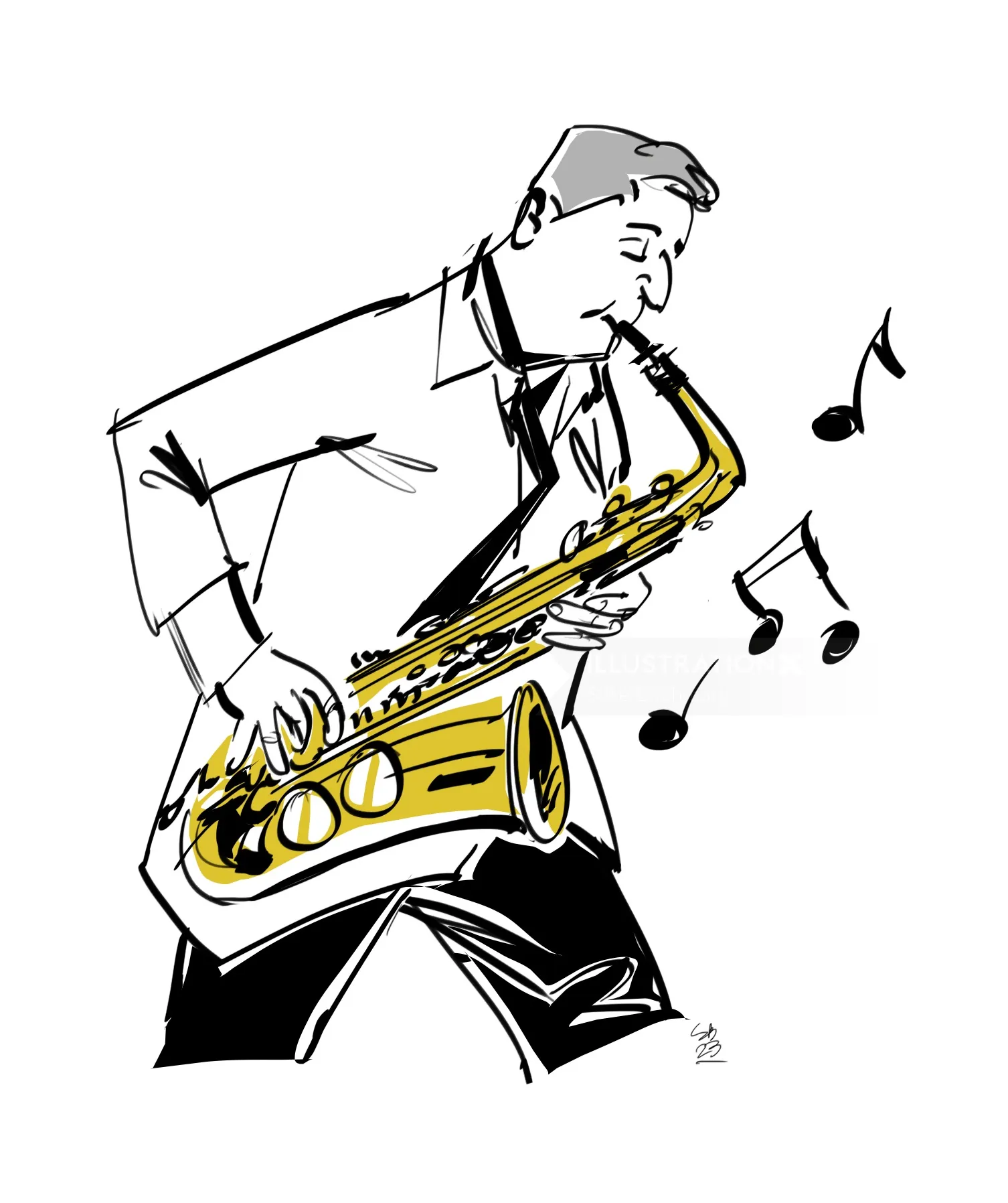 Zeichnung eines Mannes, der Saxophon spielt, mit Noten