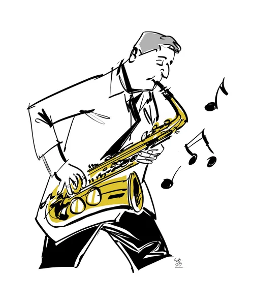 Zeichnung eines Mannes, der Saxophon spielt, mit Noten