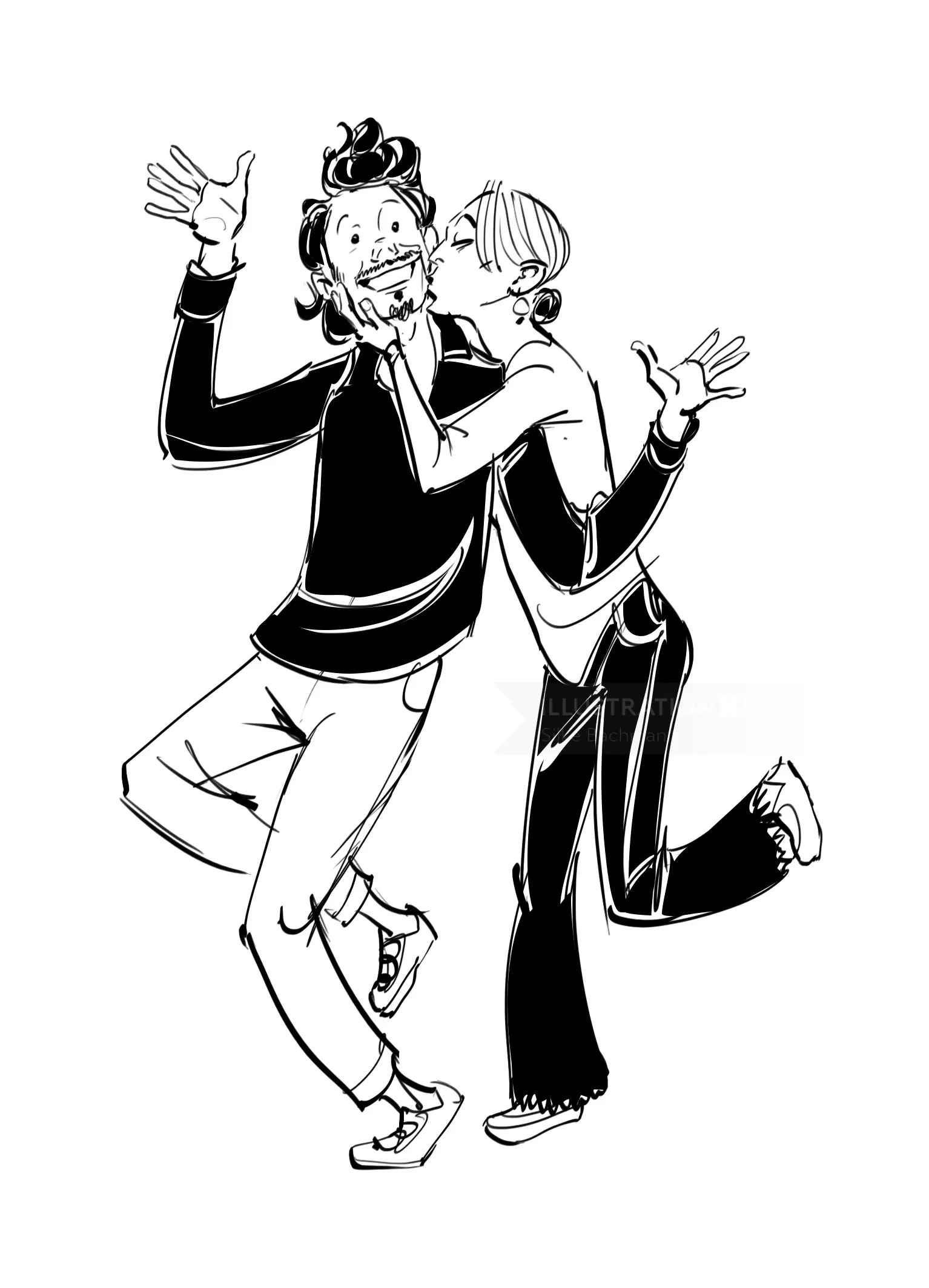 Woman kissing surprised man on cheek in black and white cartoon