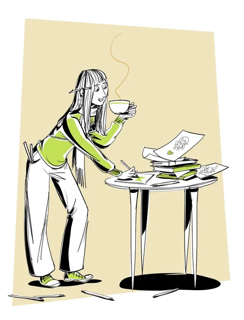 Eine Frau trinkt Kaffee und sortiert Papiere an einem runden Tisch.