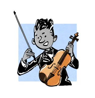 Smiling cartoon character holding violin and bow