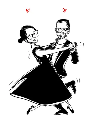 Illustration of a smiling couple dancing closely with hearts above.