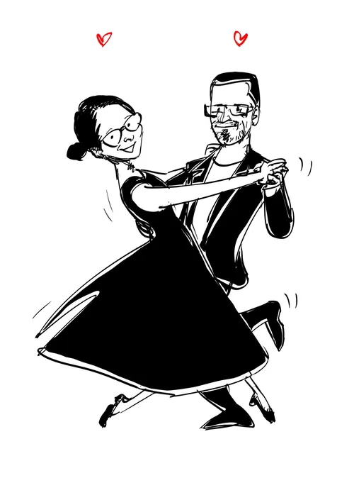 Illustration eines lächelnden Paares, das eng umschlungen tanzt; darüber befinden sich Herzen.