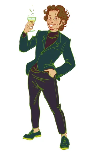 Cartoon man in green suit holding a glass and smiling
