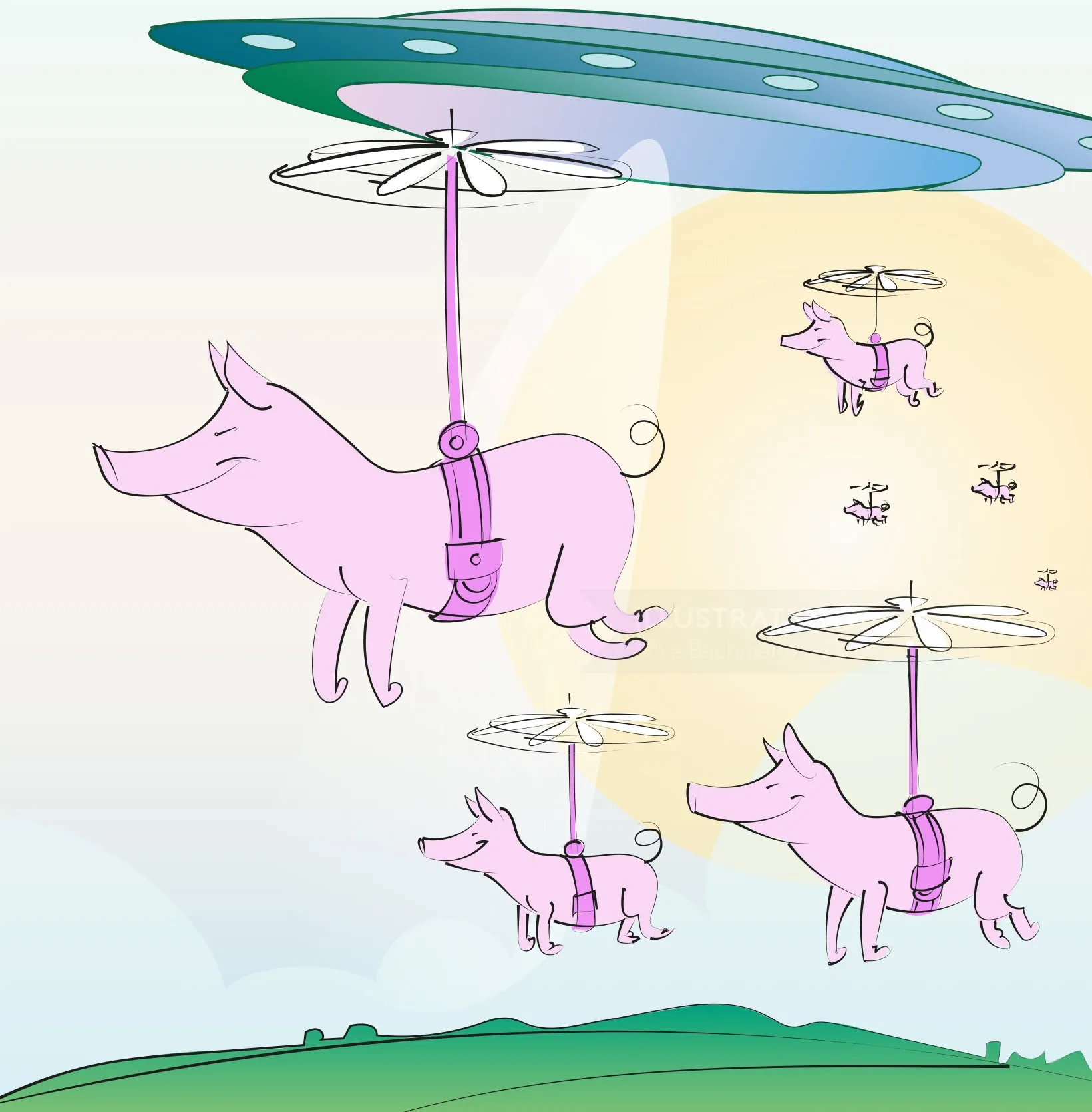 Rosa Schweine, die mithilfe von Hubschrauberpropellern auf dem Rücken fliegen