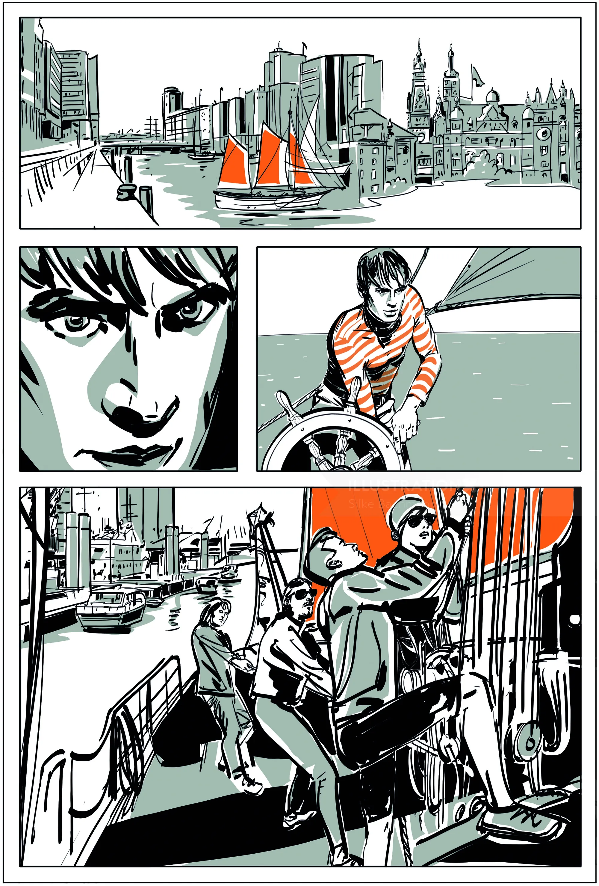 Comic-Panels zeigen Segeln und die Uferpromenade einer Stadt mit Menschen auf einem Boot.