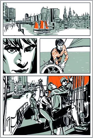 Comic panels showing sailing and city waterfront with people on a boat