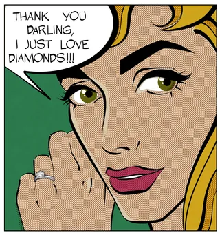 Pop art woman with diamond ring saying she loves diamonds