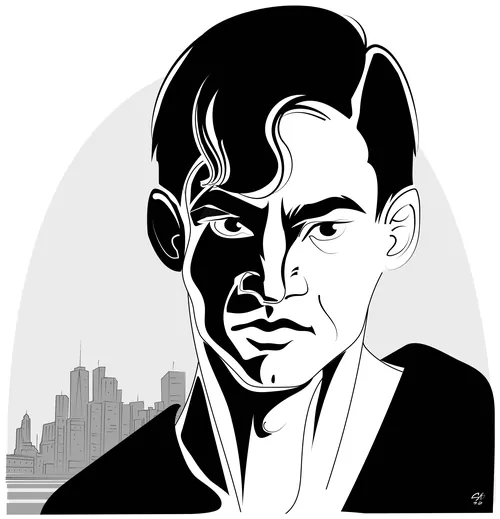 Black and white stylized portrait of a man with cityscape background by Silke Bachmann