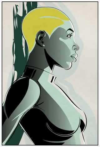 Side profile of a futuristic woman with short yellow hair and sleek clothing
