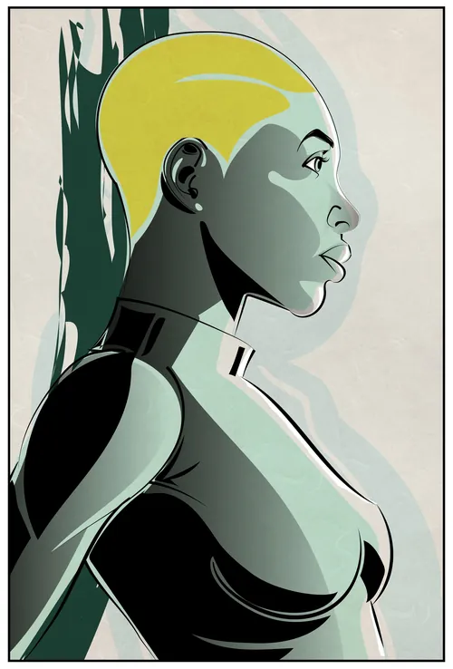 Seitenprofil einer futuristischen Frau mit kurzen gelben Haaren und eleganter Kleidung