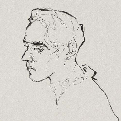Minimalist line drawing of a young man in profile view