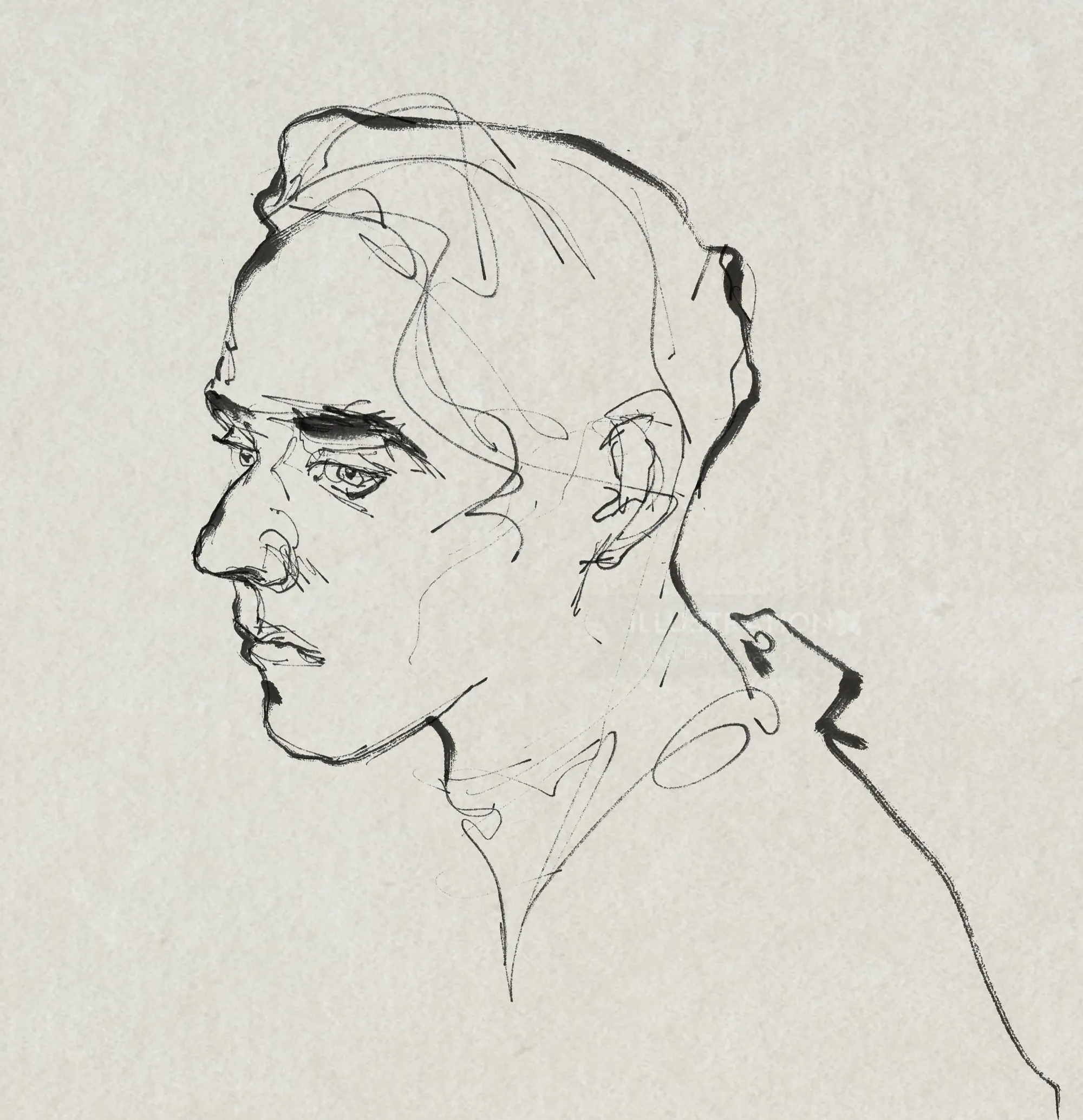 Minimalist line drawing of a young man in profile view