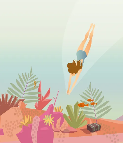Illustration einer Frau, die unter Wasser taucht, mit Korallen und Fischen darunter