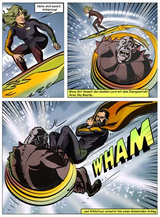 Surfer fights dark villain with energy surfboard in comic panels.