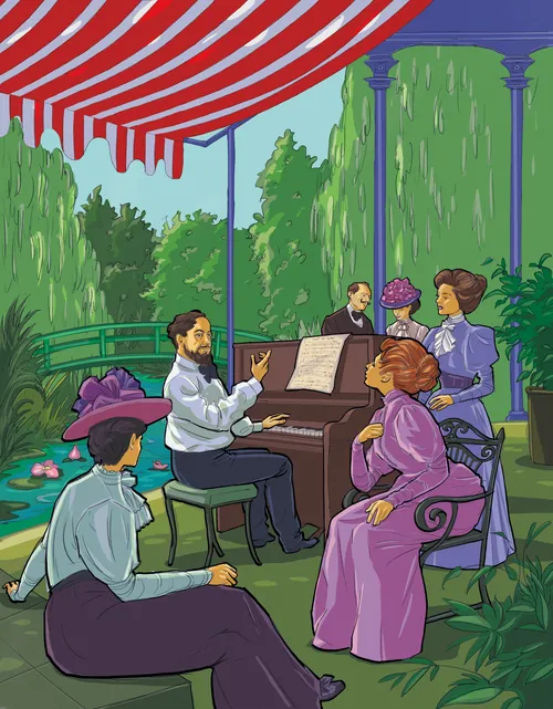 Menschen hören Klaviermusik in einem Gartenpavillon von Silke Bachmann