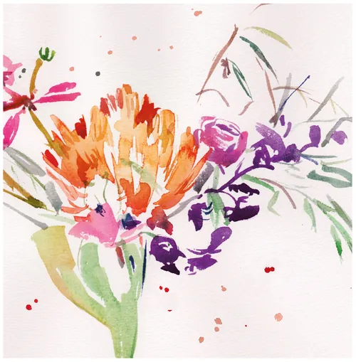Aquarell-Blumenstrauß mit orangefarbenen und violetten Blüten von Silke Bachmann