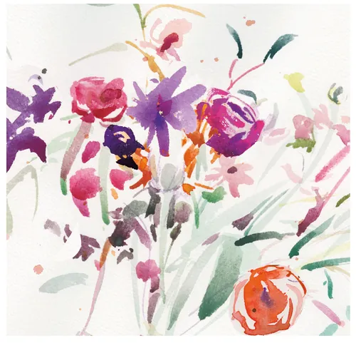 Abstraktes florales Aquarellgemälde von Silke Bachmann mit rosa und lila Blüten