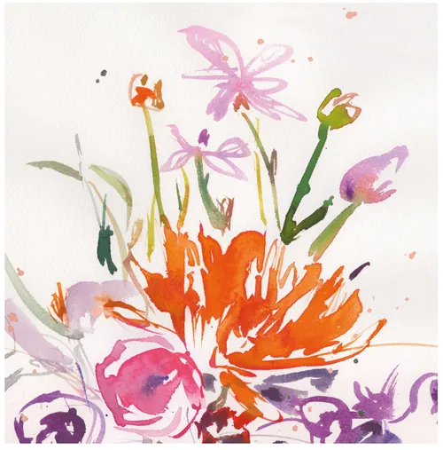 Farbenfrohes abstraktes Blumen-Aquarellgemälde von Silke Bachmann