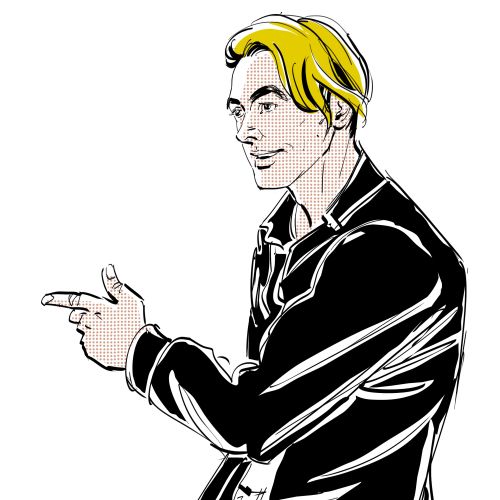 Young man with blond hair pointing sideways, illustration by Silke Bachmann
