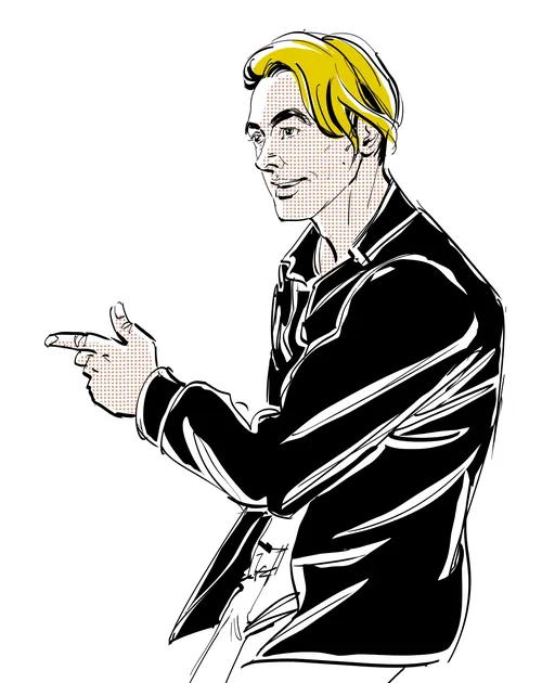 Junger Mann mit blonden Haaren, der zur Seite zeigt, Illustration von Silke Bachmann