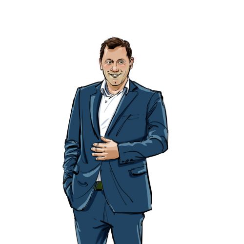 Illustration of a man in a blue suit standing with hand in pocket by Silke Bachmann