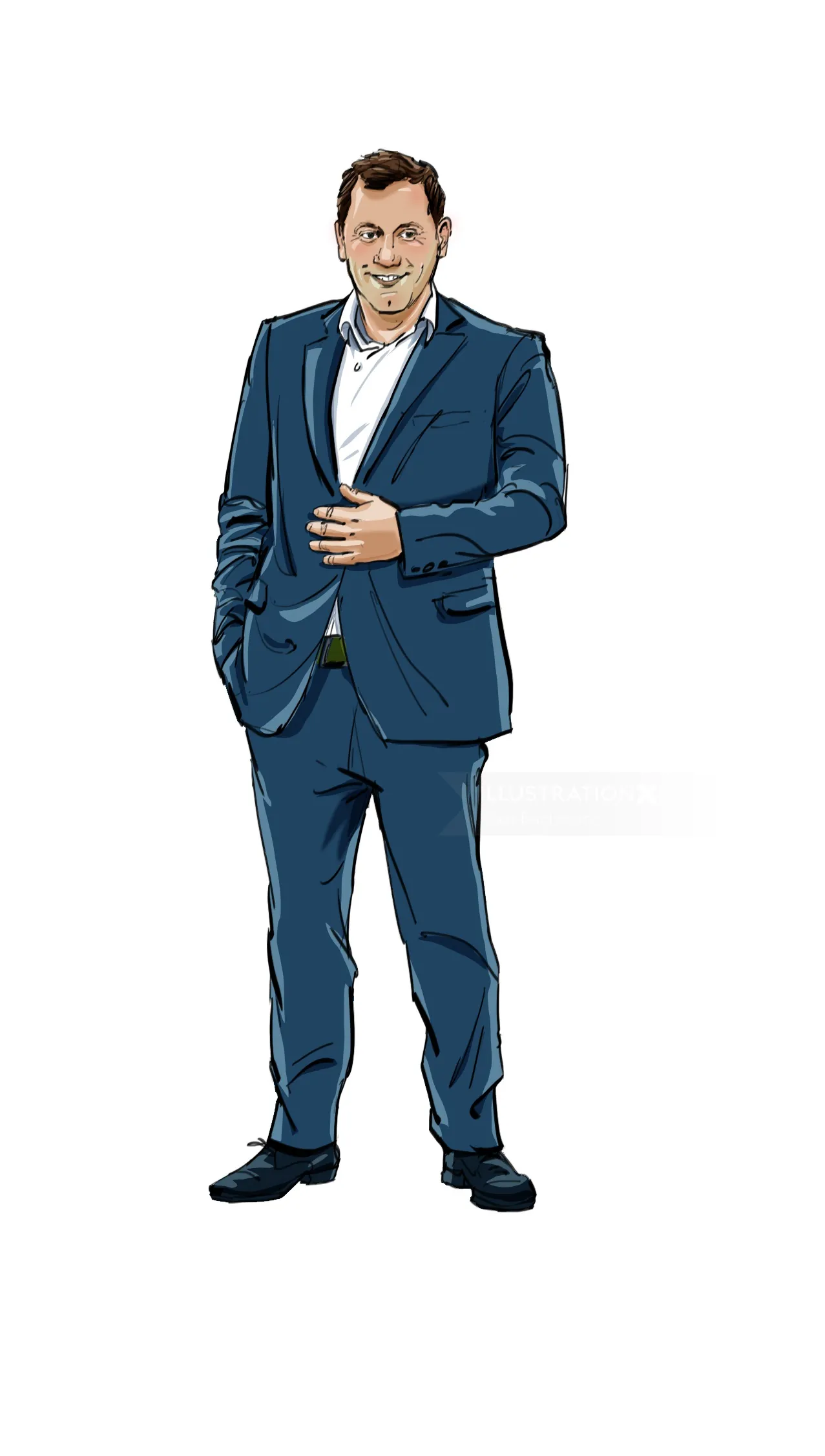 Illustration of a man in a blue suit standing with hand in pocket by Silke Bachmann