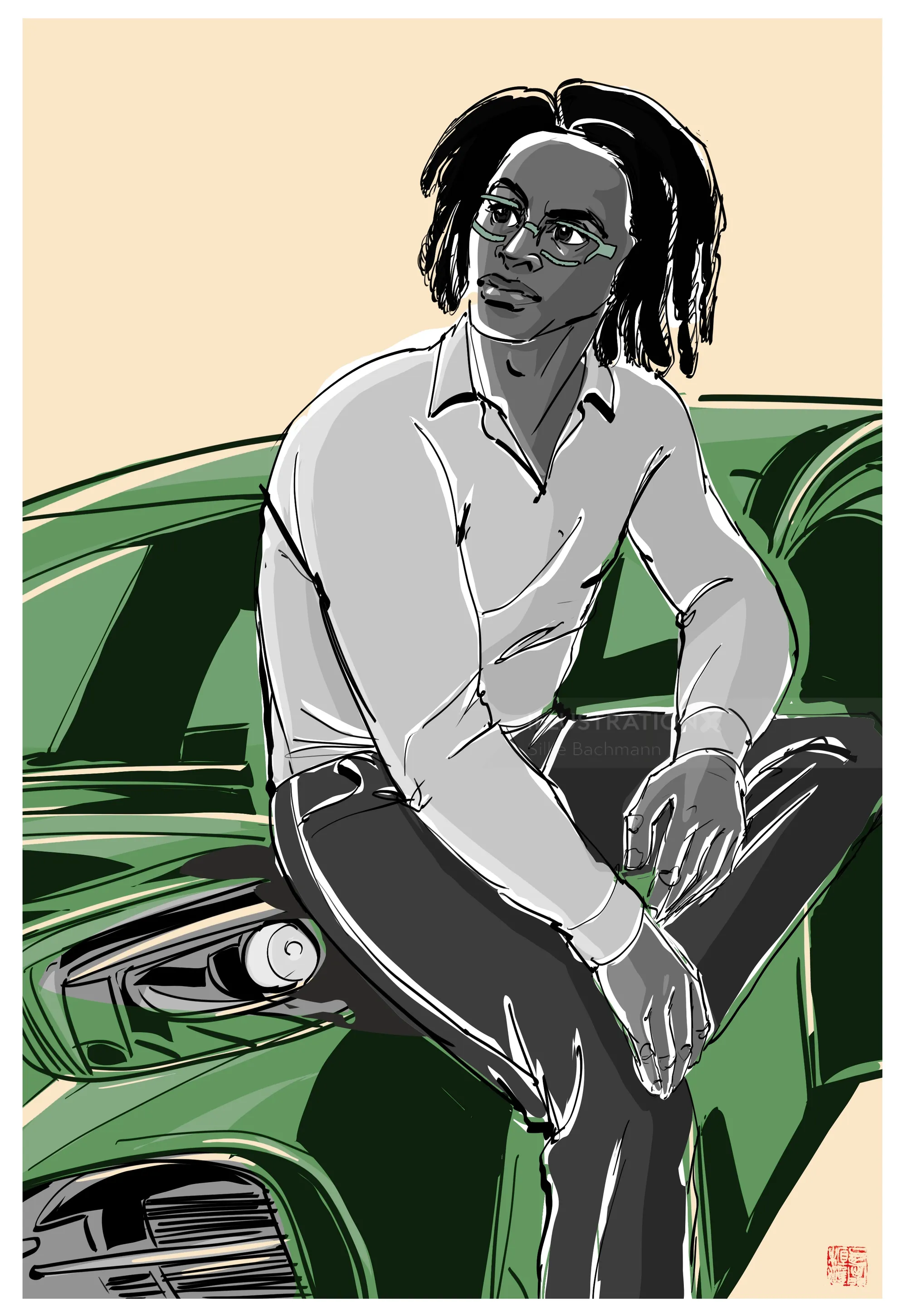Mann mit Dreadlocks sitzt auf der Motorhaube eines grünen Autos (Foto: Silke Bachmann)