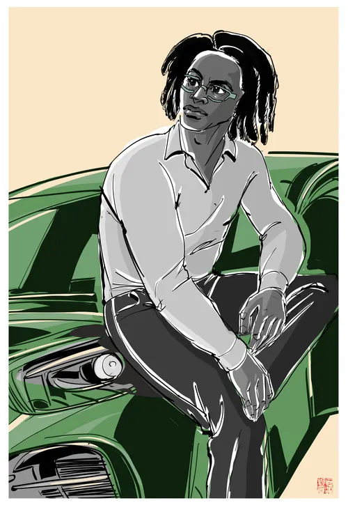 Mann mit Dreadlocks sitzt auf der Motorhaube eines grünen Autos (Foto: Silke Bachmann)