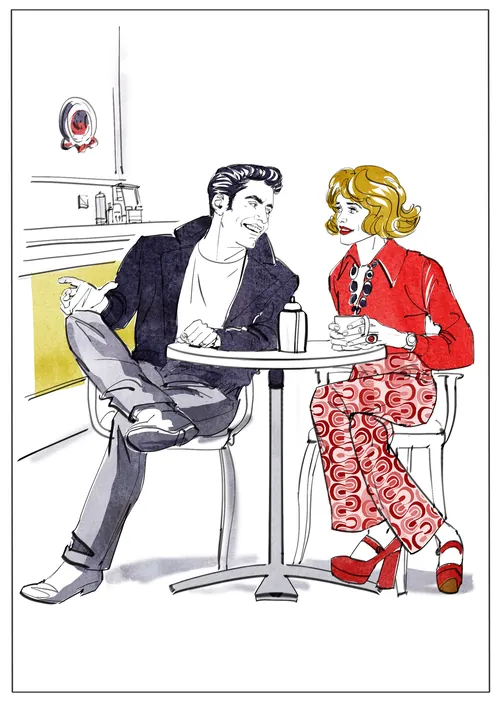Mann und Frau unterhalten sich an einem Café-Tisch in einer farbenfrohen Illustration von Silke Bachmann