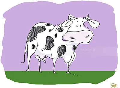 Vaca de dibujos animados en blanco y negro de pie sobre la hierba por Silke Bachmann