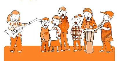 Children playing musical instruments and singing in an illustration by Silke Bachmann