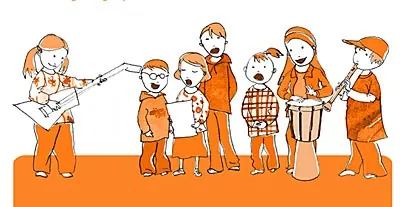 Kinder, die in einer Illustration von Silke Bachmann Musikinstrumente spielen und singen