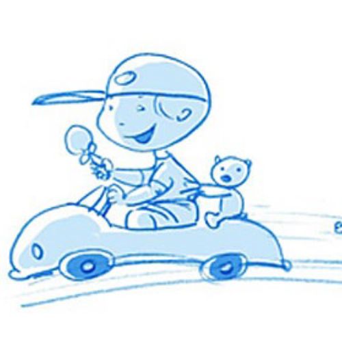 Child in toy car with teddy bear, illustration by Silke Bachmann