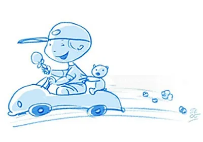 Child in toy car with teddy bear, illustration by Silke Bachmann