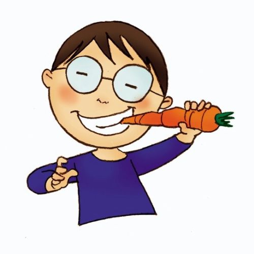 Anton biting a carrot, character from Dem Gemüse auf der Spur by Silke Bachmann