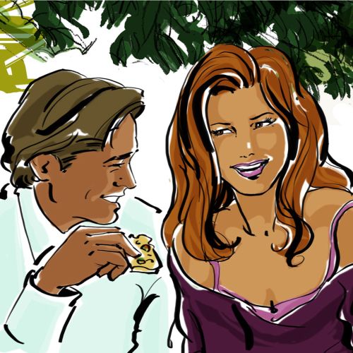 chatting couple in french town line illustration